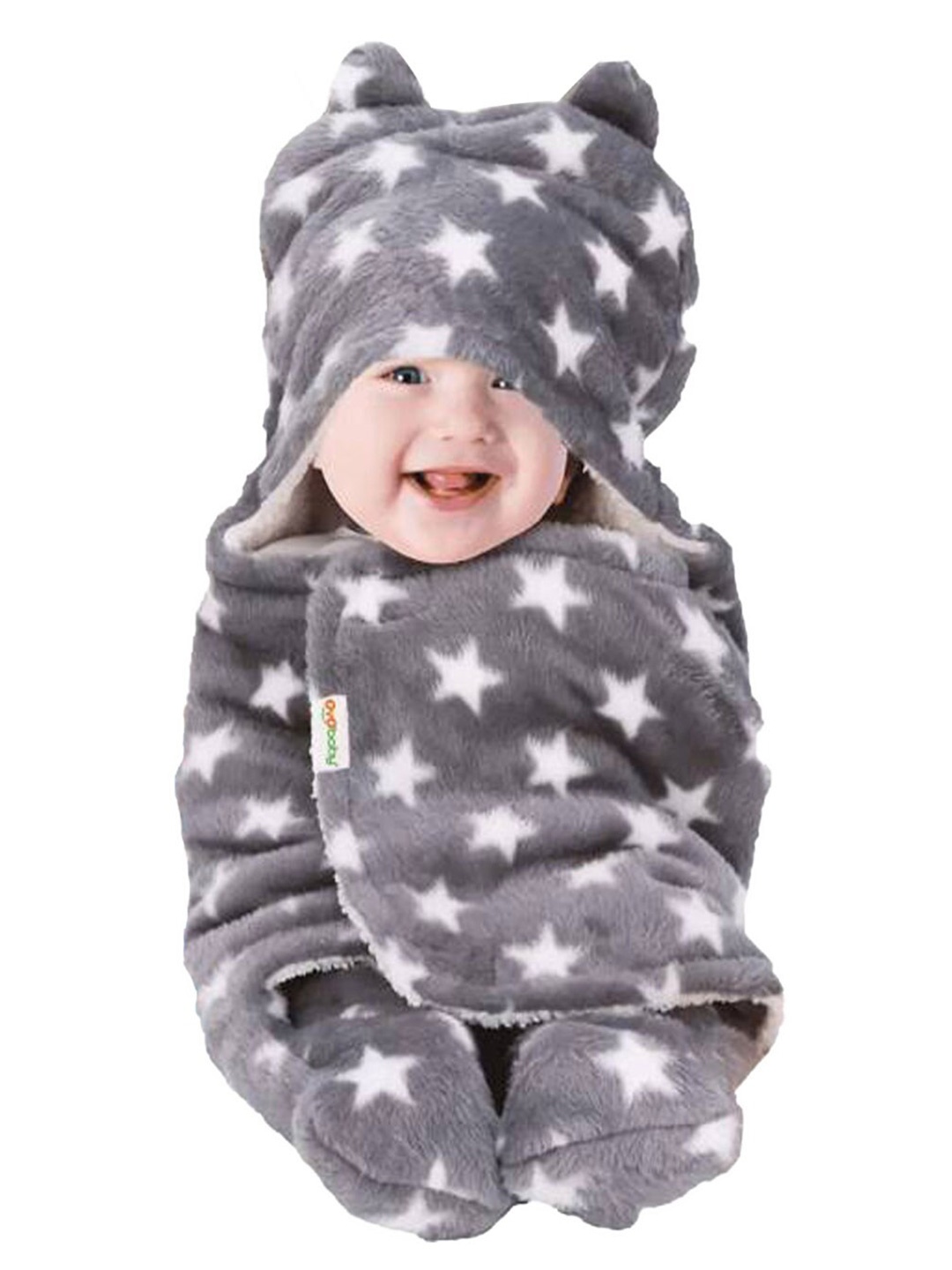 

OyO Baby Infants Kids Grey & White Printed 3 In 1 Hooded Baby Blanket Wrapper
