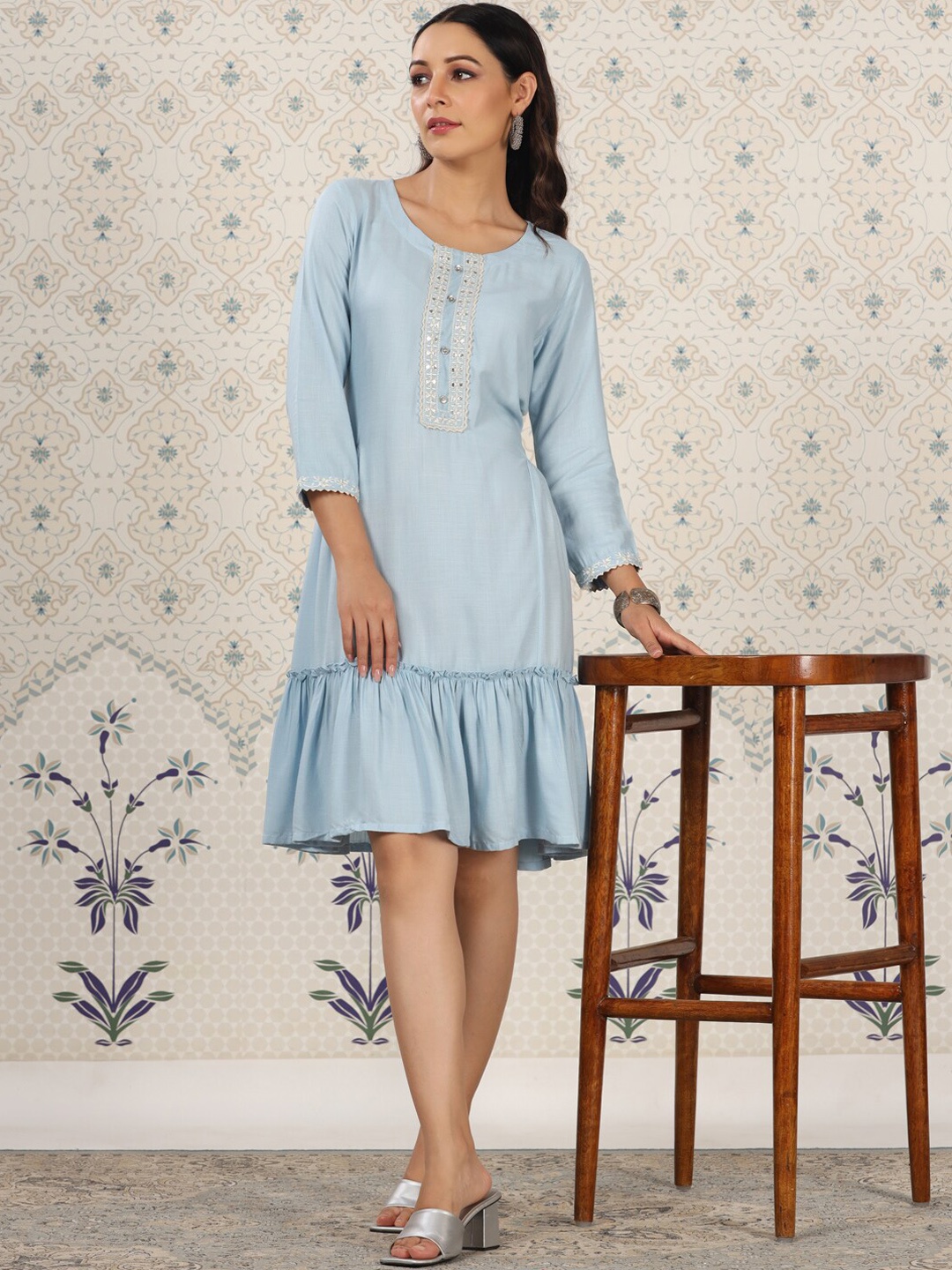 

Ode by House of Pataudi Blue Gotta Patti A-Line Flared Ethnic Dress