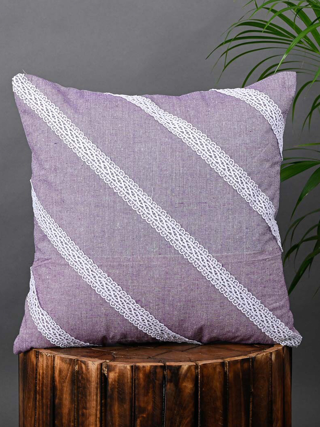 

OUSSUM Pink & White Striped Diagonal Lace Cotton Square Cushion Cover