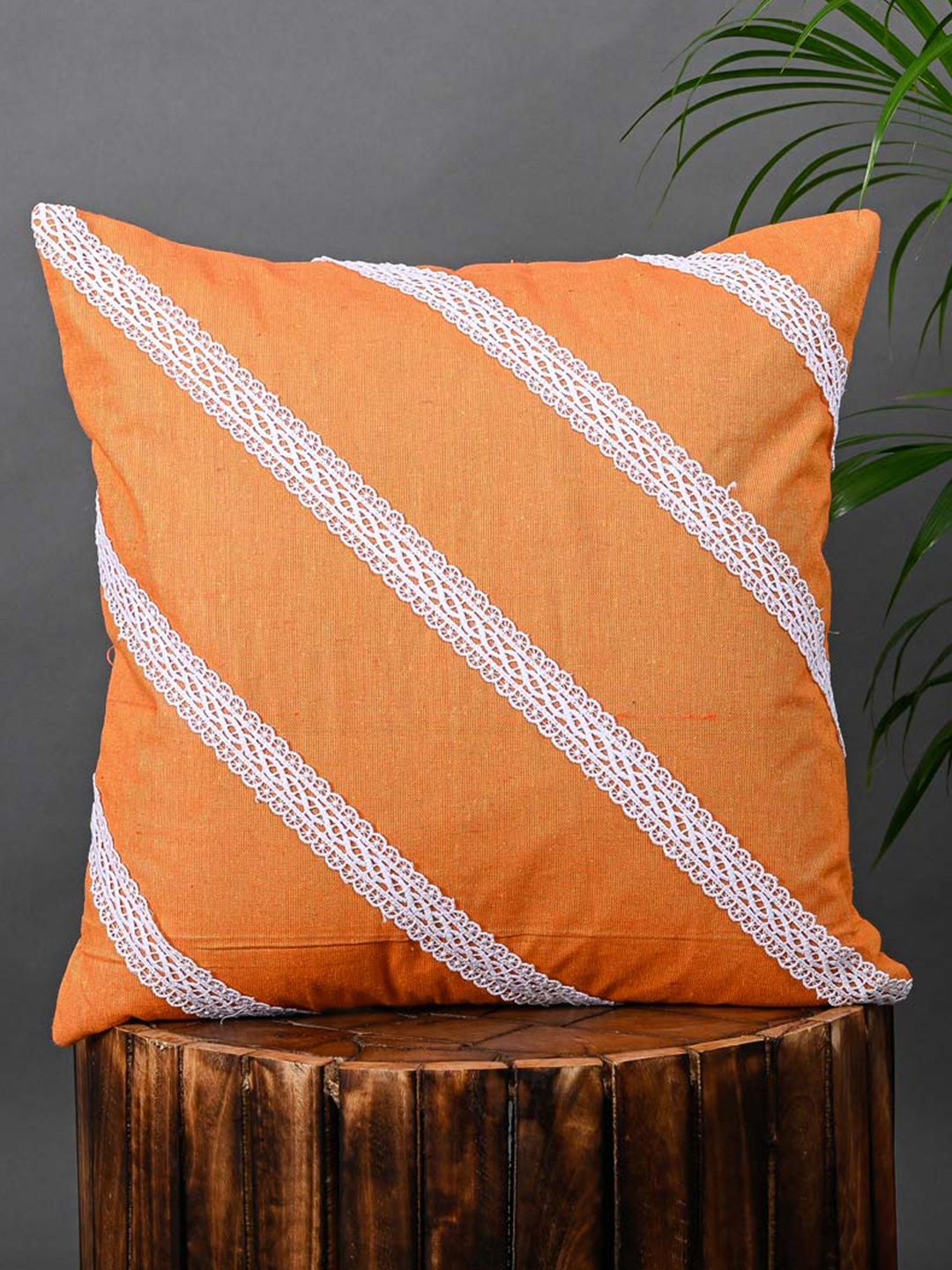 

OUSSUM Orange & White Striped Diagonal Lace Cotton Square Cushion Cover