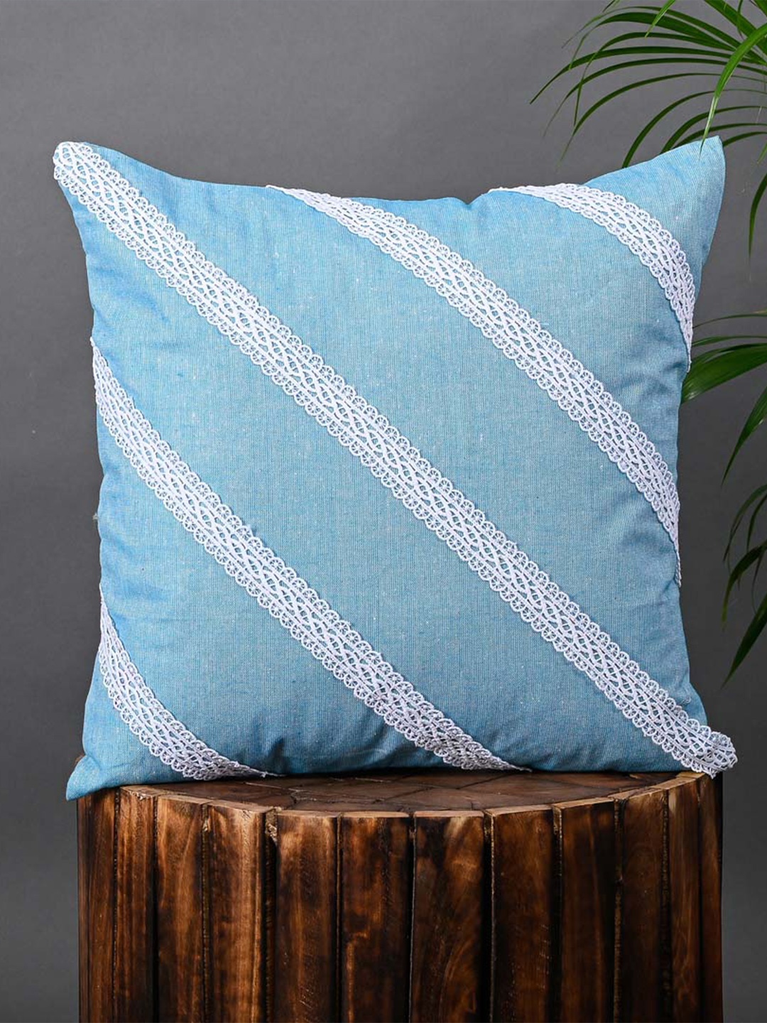 

OUSSUM Blue & White Striped Striped Diagonal Lace Cotton Square Cushion Cover