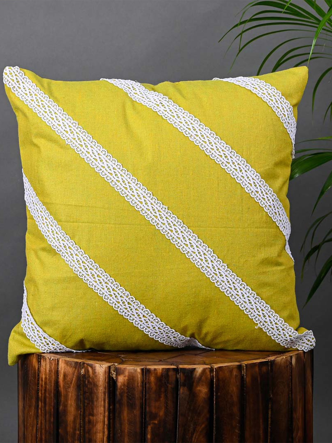

OUSSUM Yellow & White Striped Diagonal Lace Cotton Square Cushion Cover