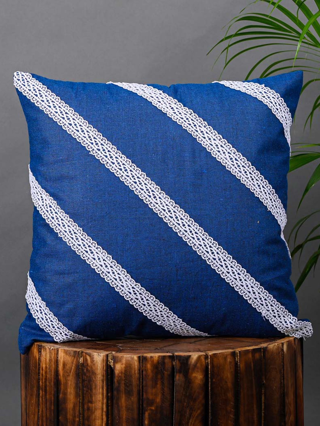 

OUSSUM Blue & White Striped Diagonal Lace Cotton Square Cushion Cover
