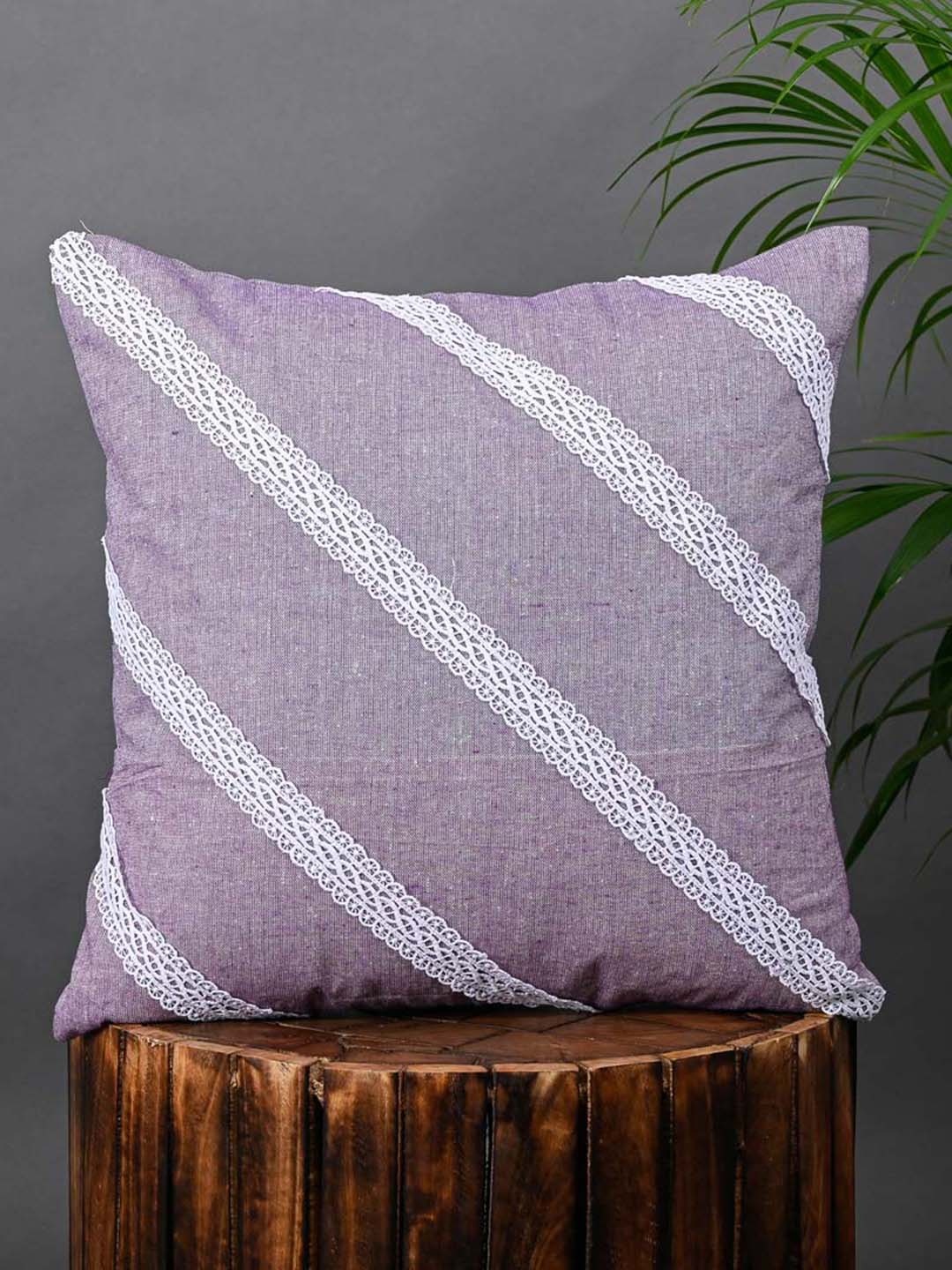 

OUSSUM Pink & White Striped Diagonal Lace Cotton Square Cushion Cover