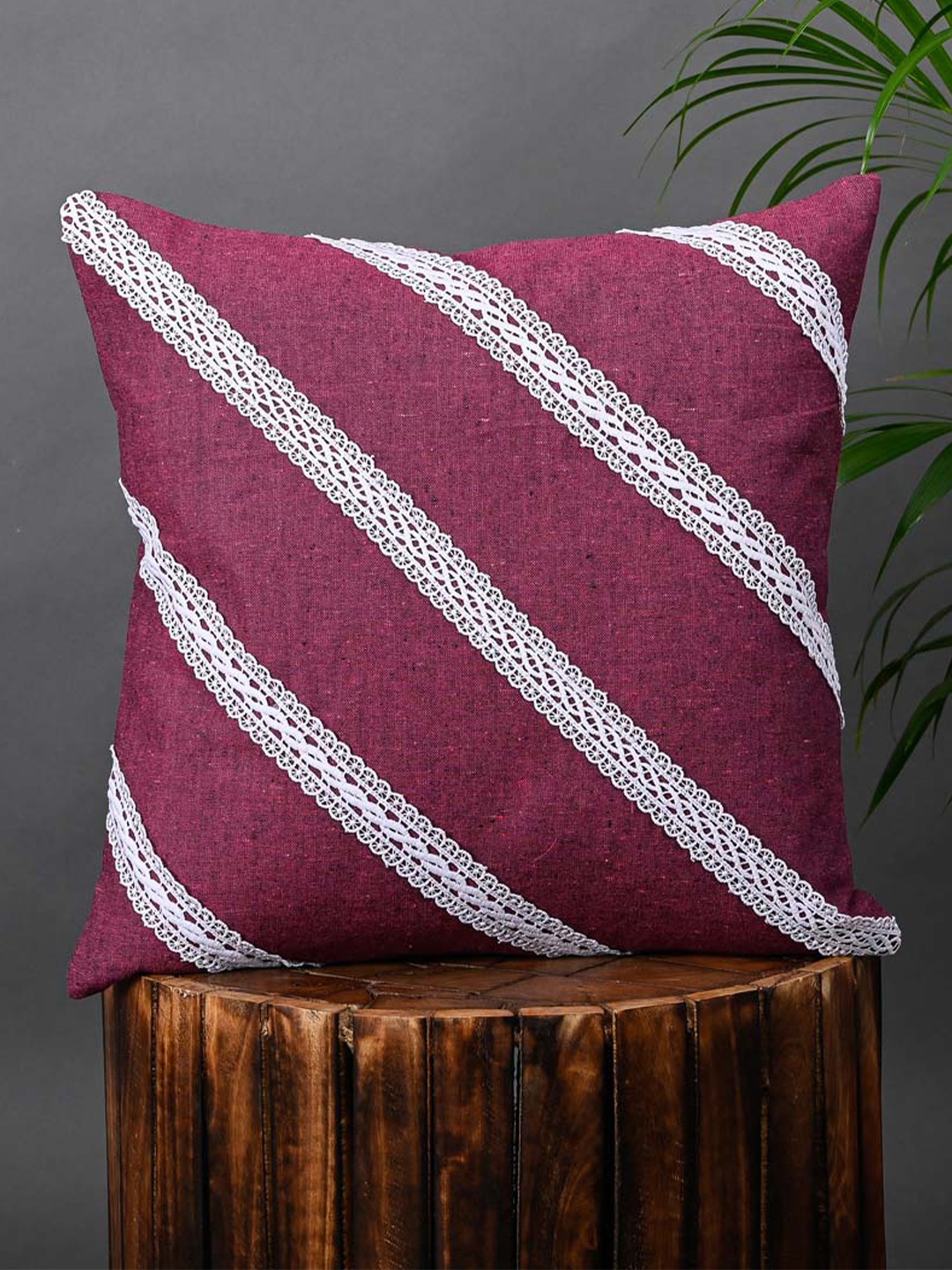 

OUSSUM Pink & White Diagonal Lace Cotton Square Cushion Cover