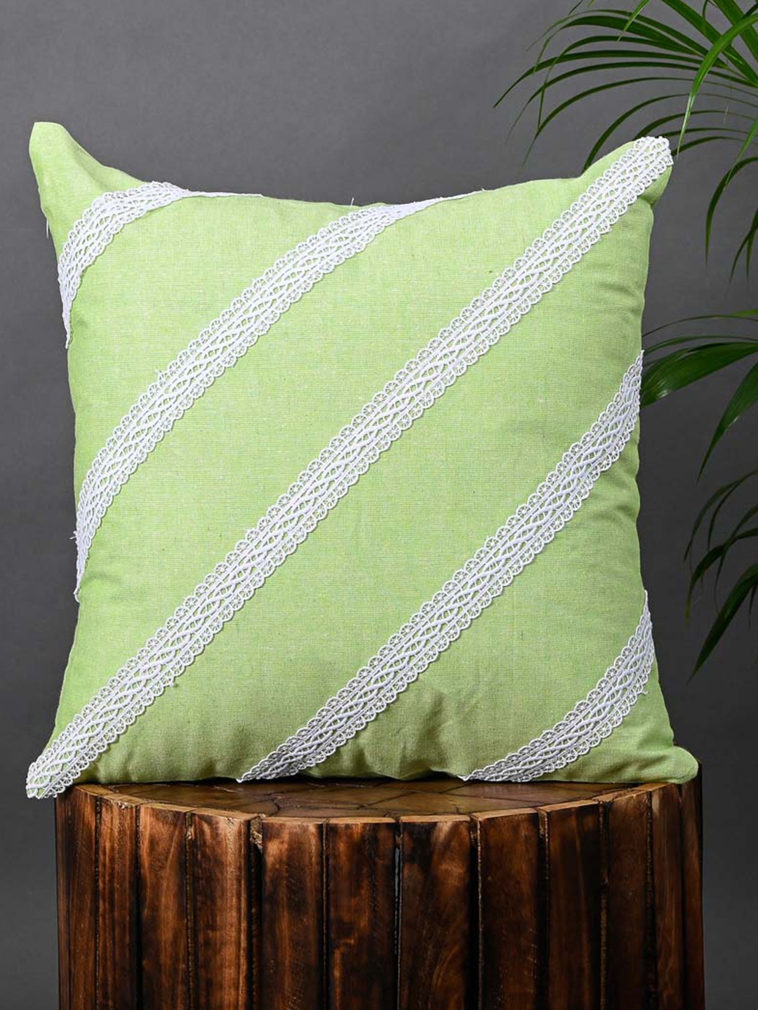 

OUSSUM Green & White Diagonal Lace Cotton Square Cushion Cover