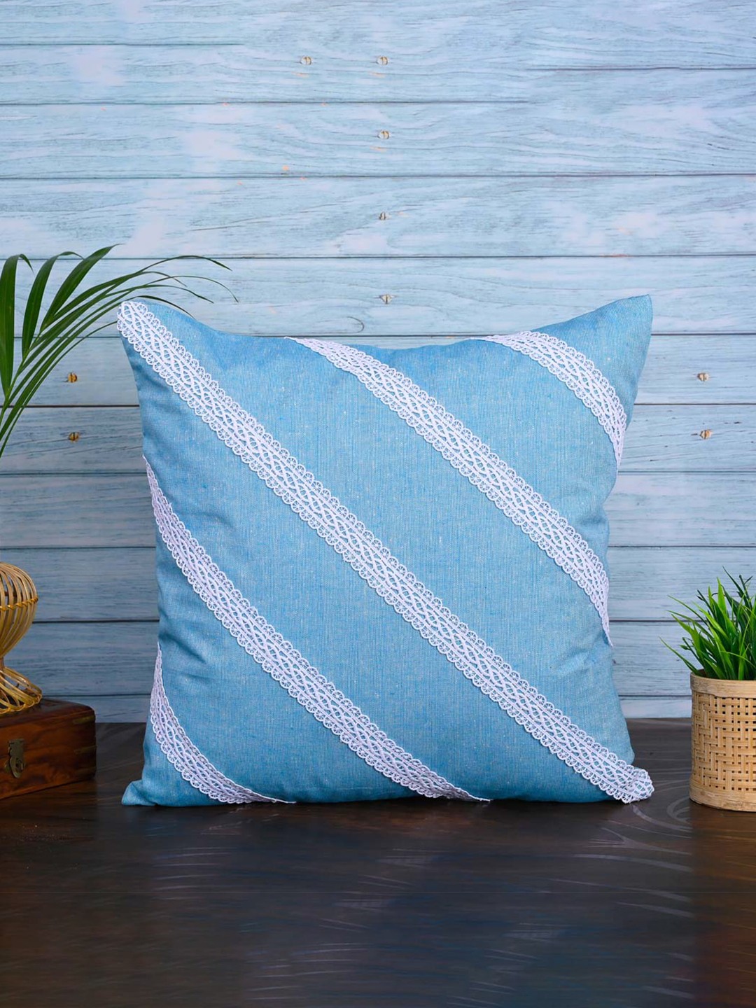 

OUSSUM Blue & White Diagonal Lace Cotton Square Cushion Cover