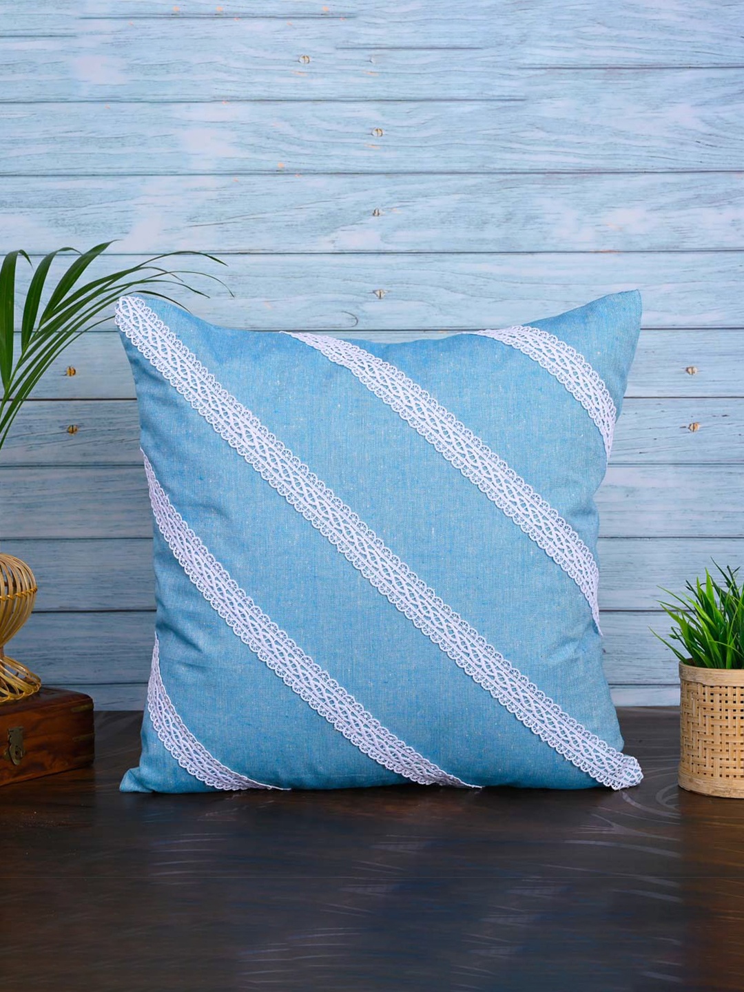 

OUSSUM Blue & White Diagonal Lace Cotton Square Cushion Cover