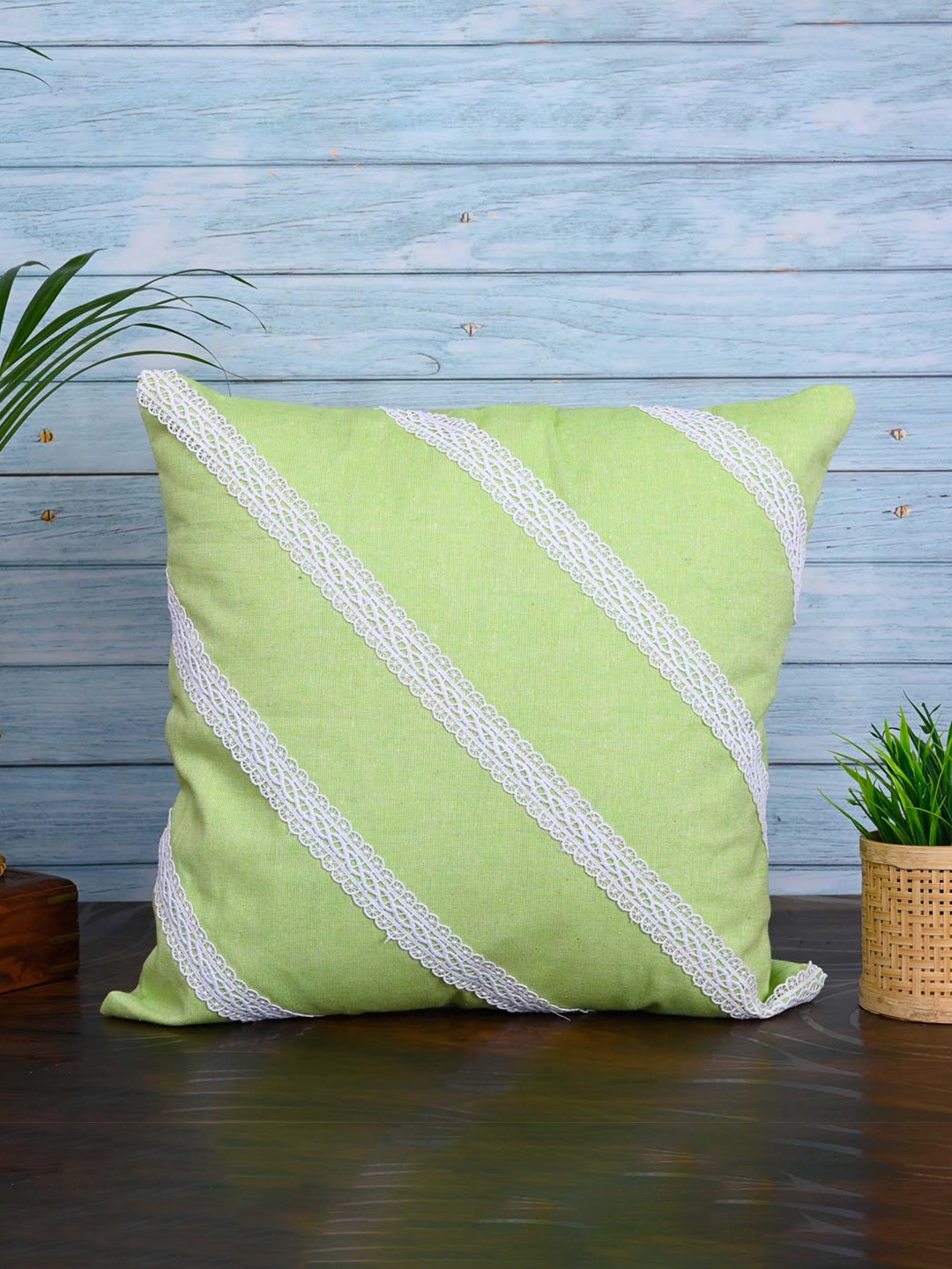 

OUSSUM Green & White Striped Cotton Square Cushion Cover
