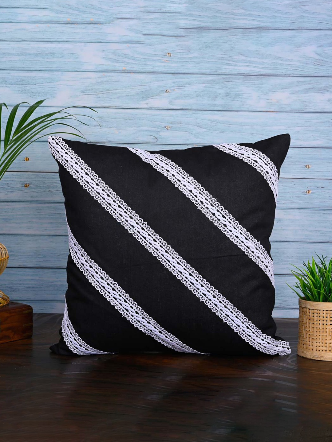 

OUSSUM Black & White Striped Cotton Square Cushion Cover