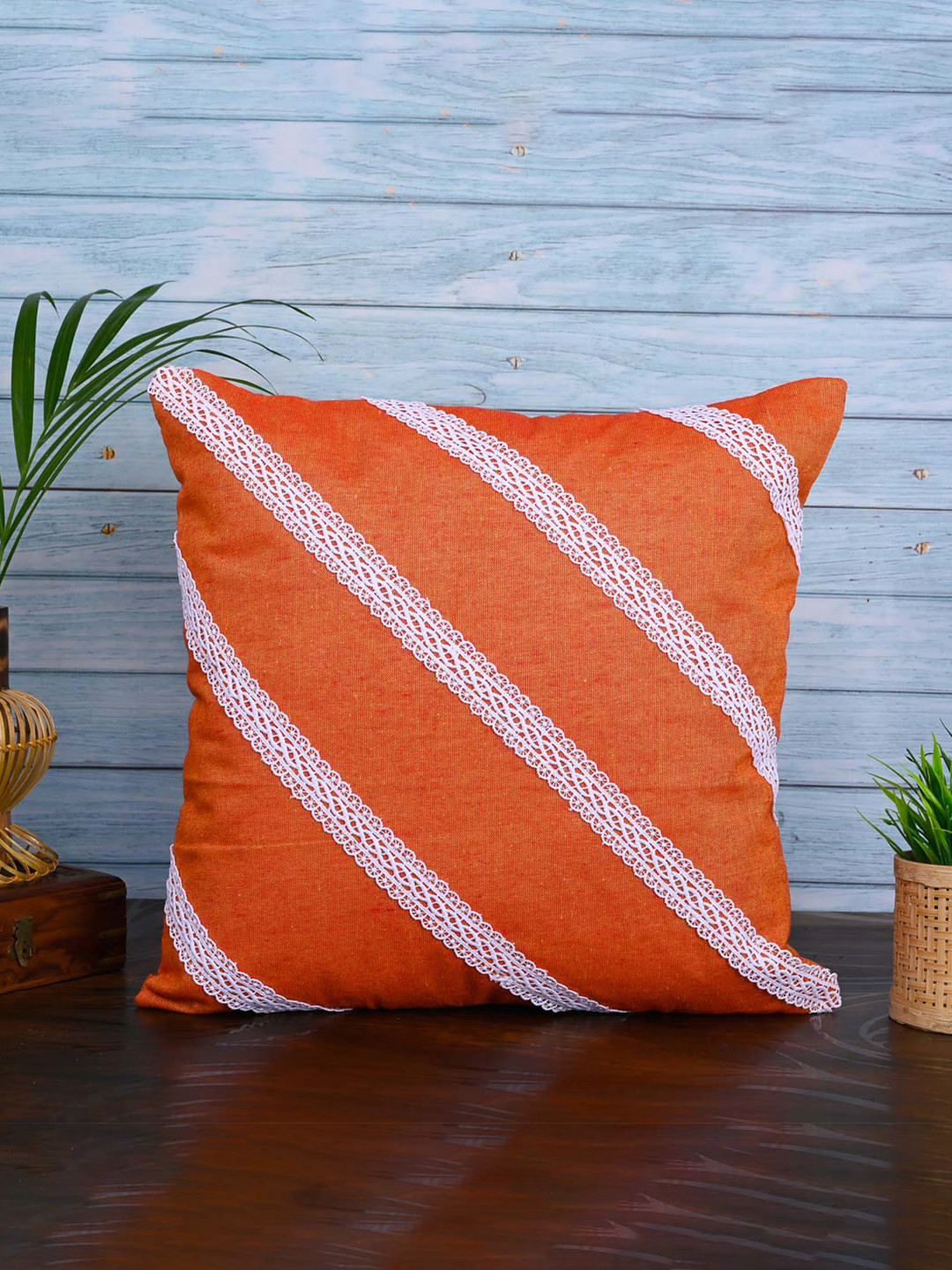 

OUSSUM Orange & White Diagonal Lace Cotton Square Cushion Covers