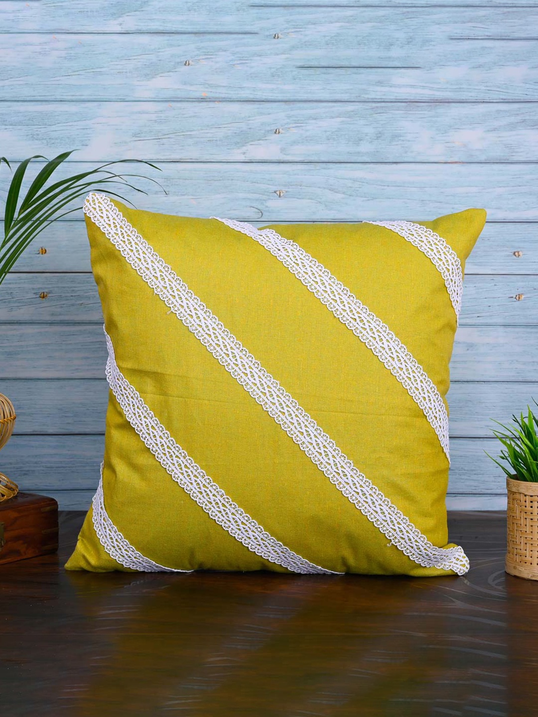 

OUSSUM Yellow & White Diagonal Lace Cotton Square Cushion Cover