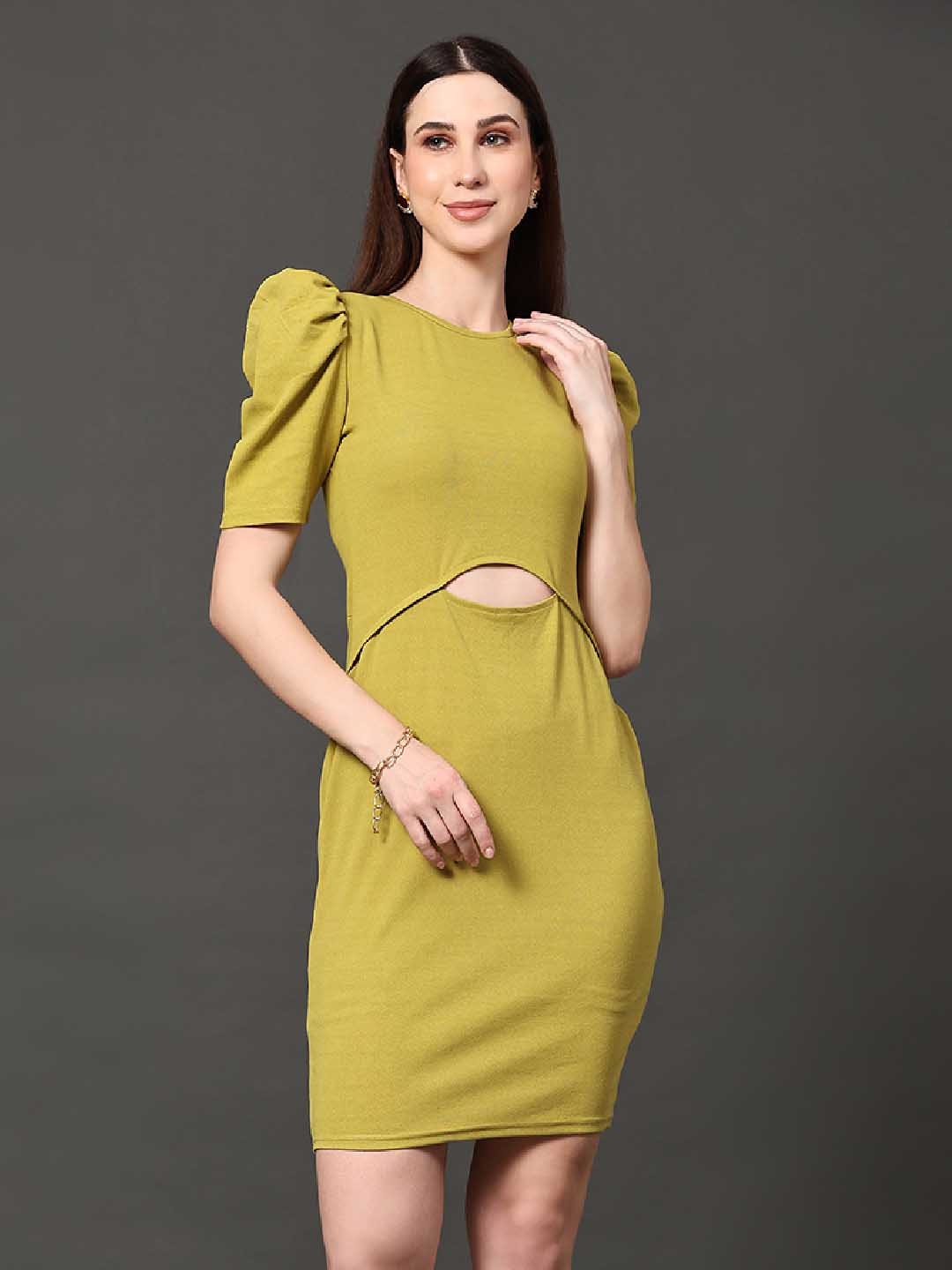 

Ziva Fashion Cut-Out Detailed Puff Sleeves A-Line Dress, Green