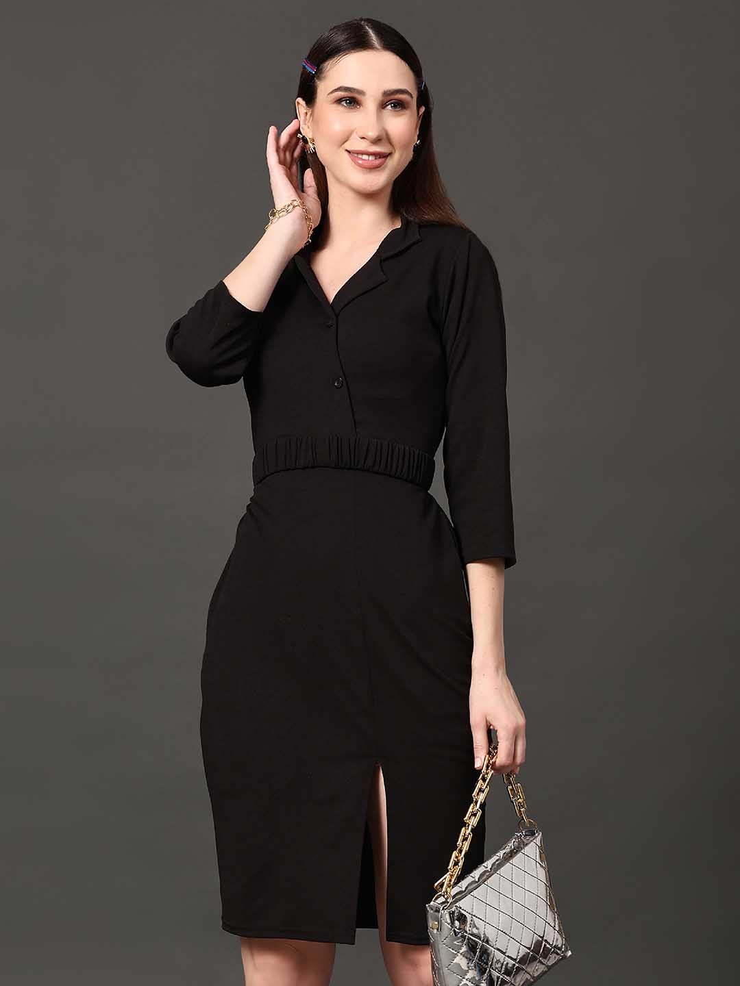 

Ziva Fashion Gathered Detailed V-Neck A-Line Dress, Black