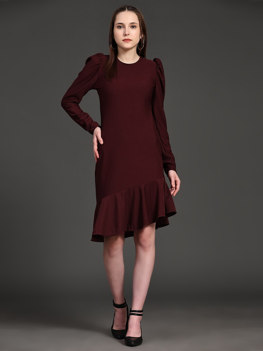 

Ziva Fashion Round Neck Puff Sleeves Sheath Dress, Burgundy