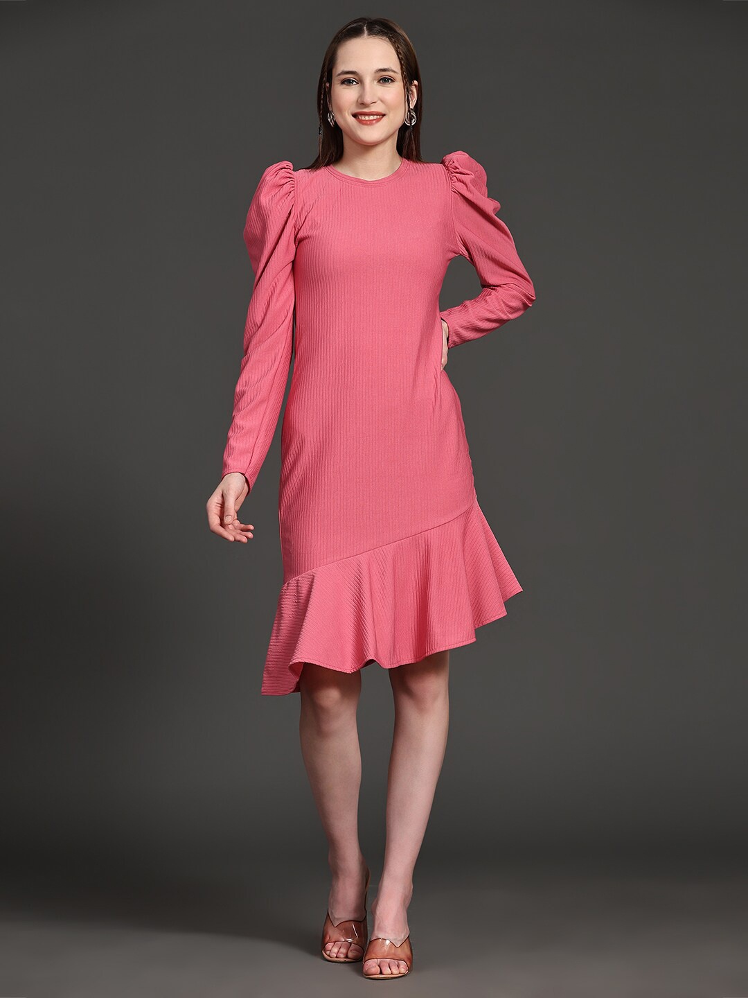 

Ziva Fashion Round Neck Puff Sleeves Sheath Dress, Pink