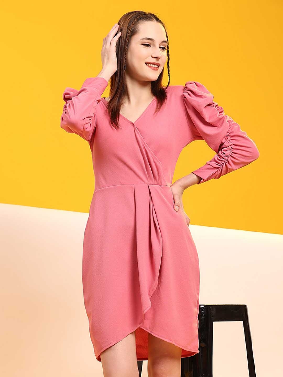 

Ziva Fashion V-Neck Puff Sleeves Wrap Dress, Pink
