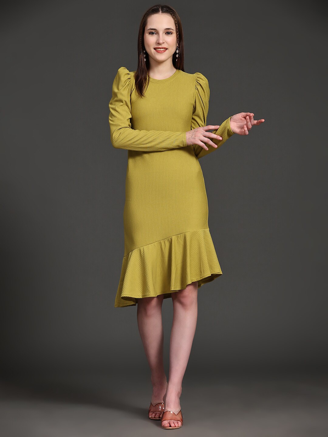 

Ziva Fashion Round Neck Puff Sleeves Sheath Dress, Green