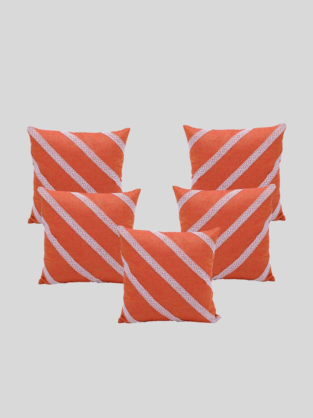 

OUSSUM Orange & White 5 Pieces Striped Diagonal Lace Cotton Square Cushion Covers