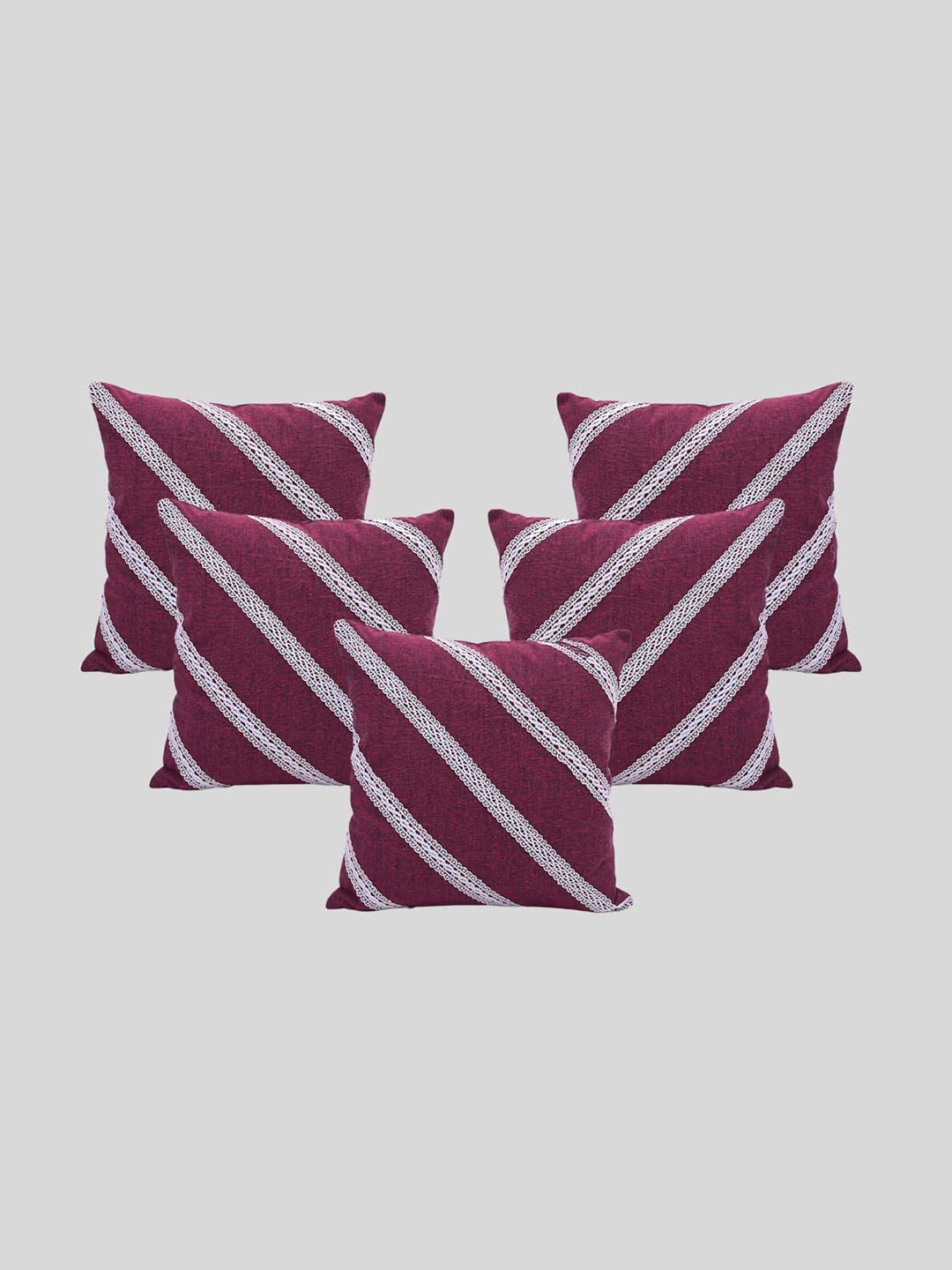 

OUSSUM Pink & White 5 Pieces Striped Diagonal Lace Cotton Square Cushion Covers