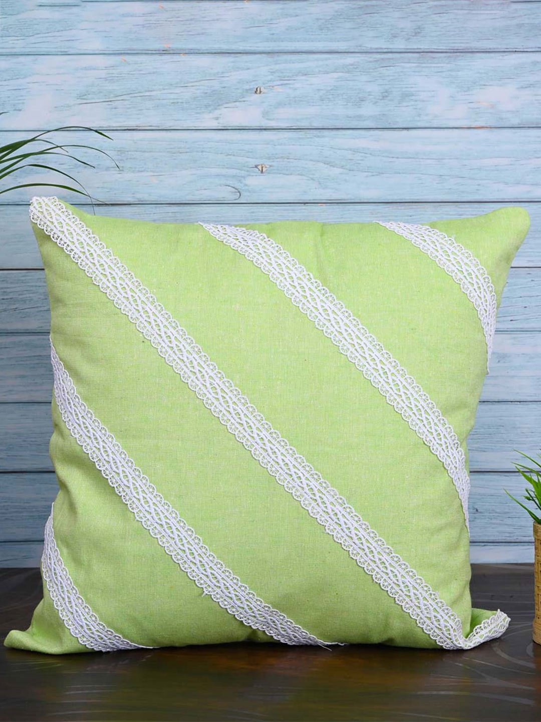 

OUSSUM Green & White 5 Pieces Striped Diagonal Lace Cotton Square Cushion Covers