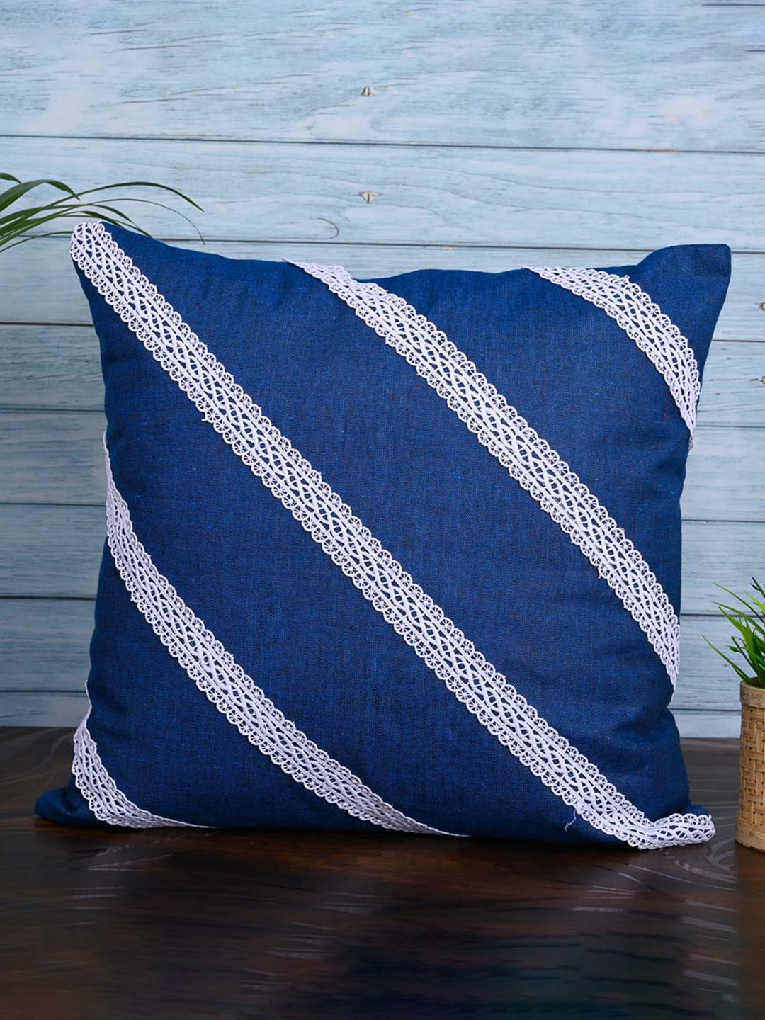 

OUSSUM Blue & White 5 Pieces Striped Diagonal Lace Cotton Square Cushion Covers