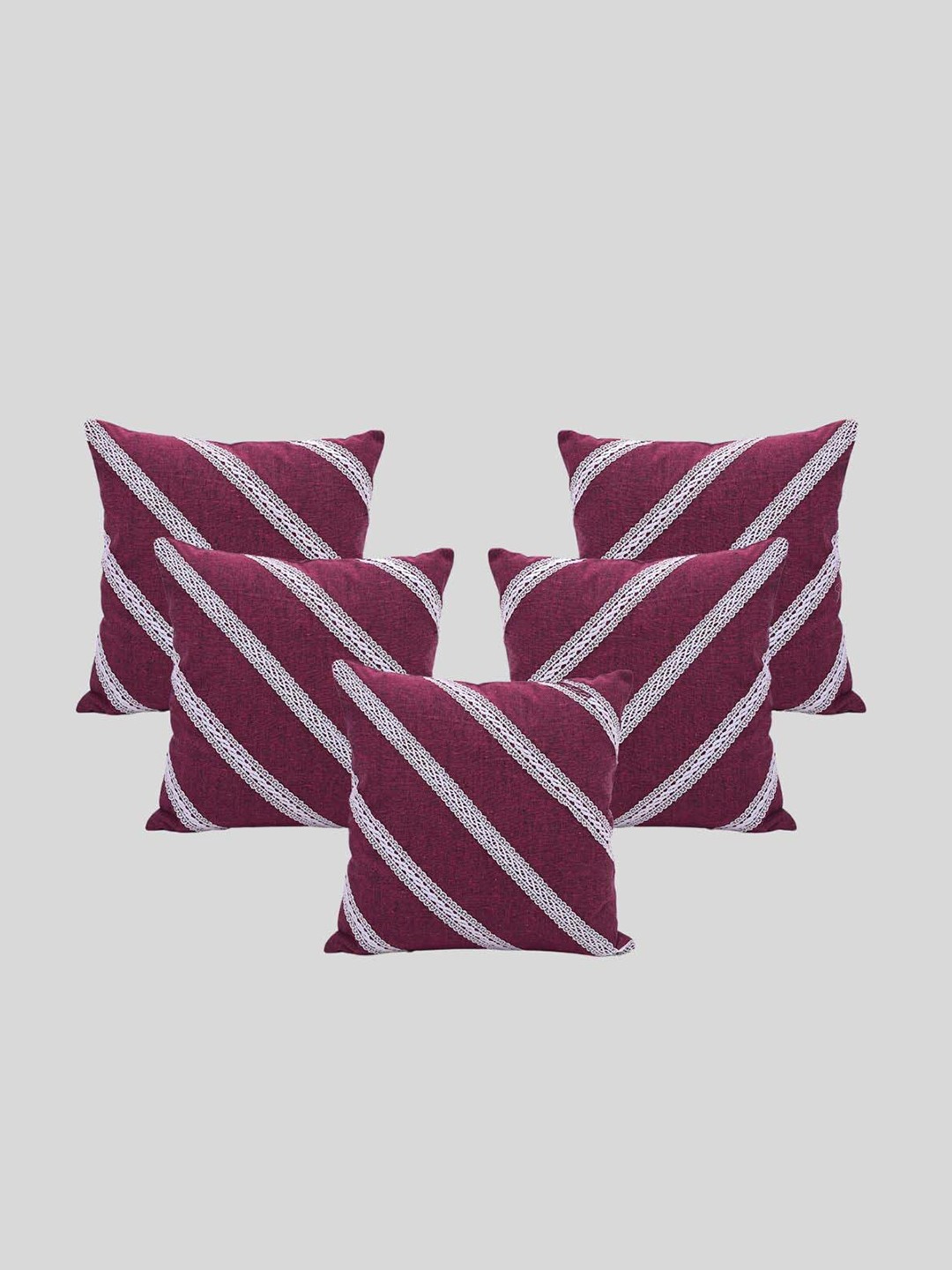 

OUSSUM Pink & White 5 Pieces Striped Diagonal Lace Cotton Square Cushion Covers