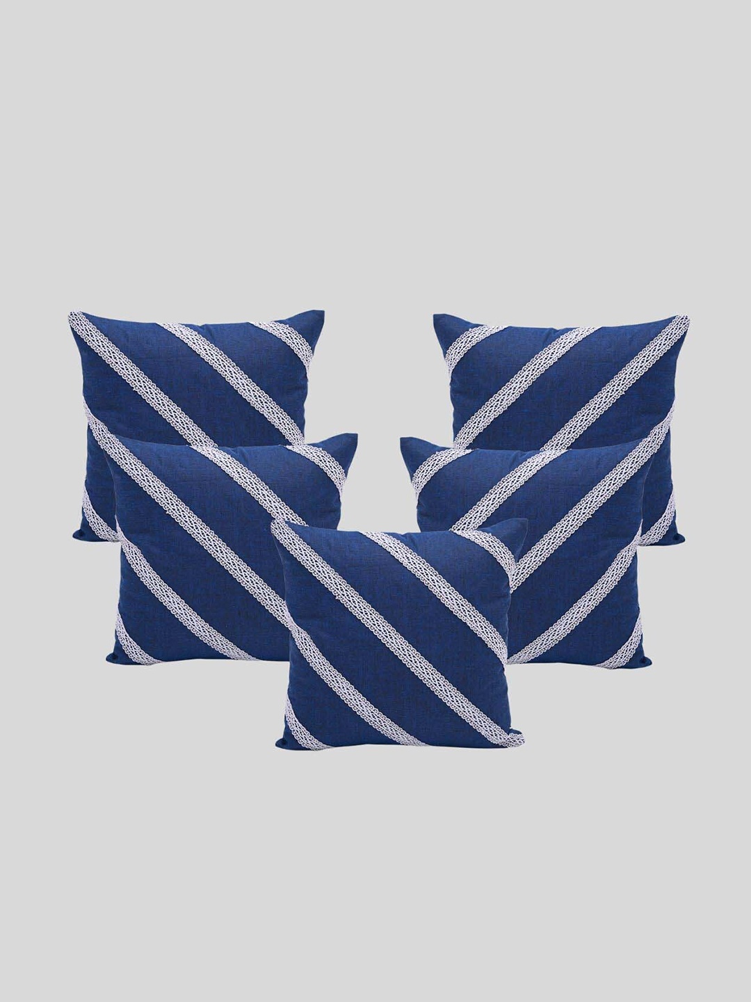 

OUSSUM Blue & White 5 Pieces Diagonal Lace Cotton Square Cushion Covers