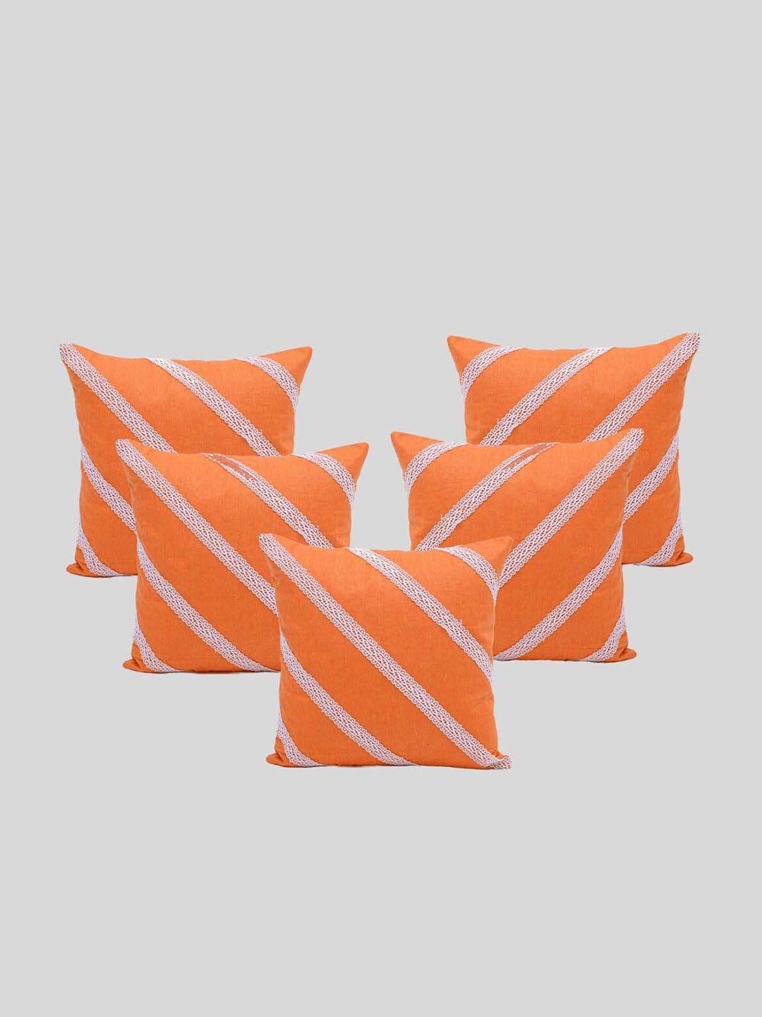 

OUSSUM Orange & White 5 Pieces Diagonal Lace Cotton Square Cushion Covers
