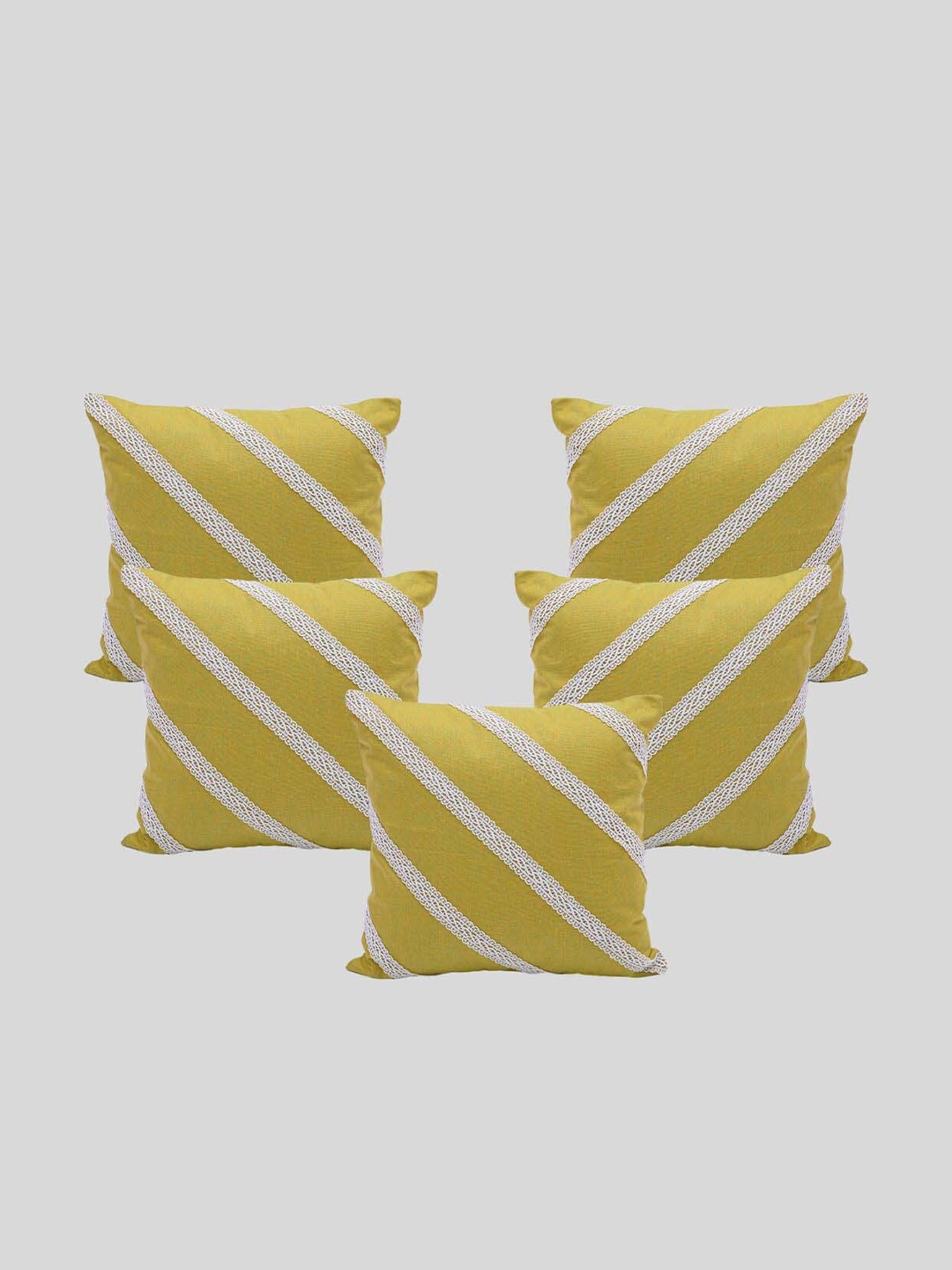 

OUSSUM Yellow & White 5 Pieces Diagonal Lace Cotton Square Cushion Covers
