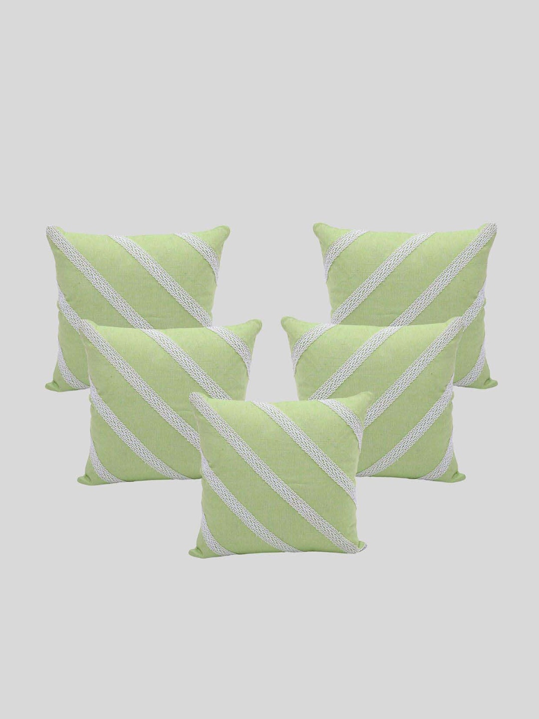 

OUSSUM Green & White 5 Pieces Diagonal Lace Cotton Square Cushion Covers