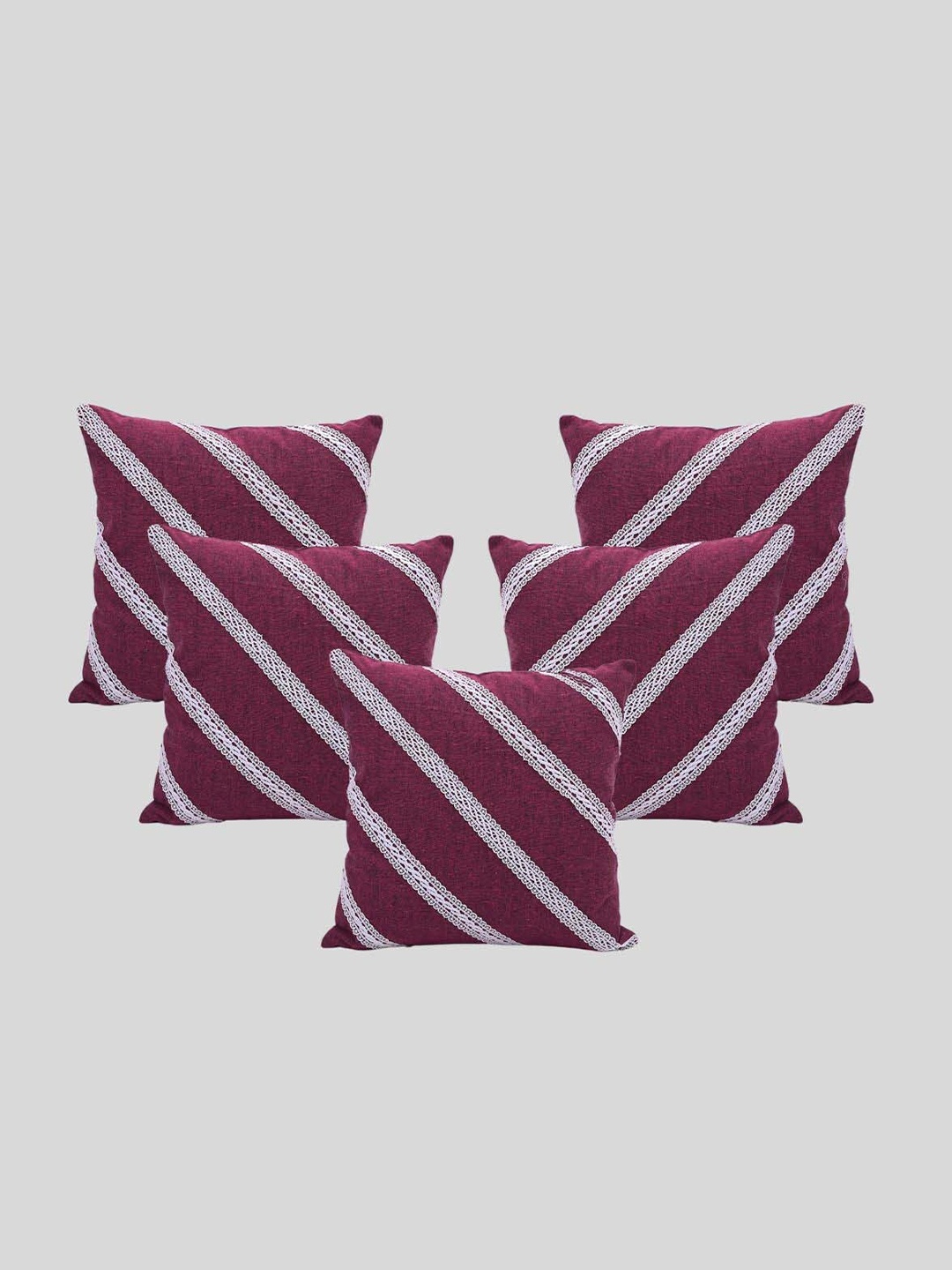 

OUSSUM Pink & White 5 Pieces Diagonal Lace Cotton Square Cushion Covers