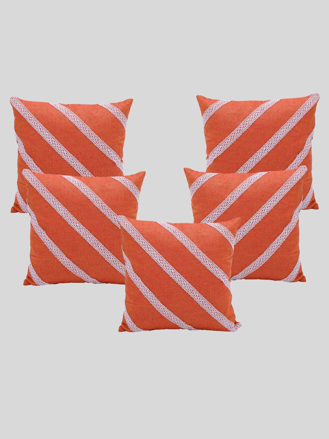 

OUSSUM Orange & White 5 Pieces Diagonal Lace Cotton Square Cushion Covers