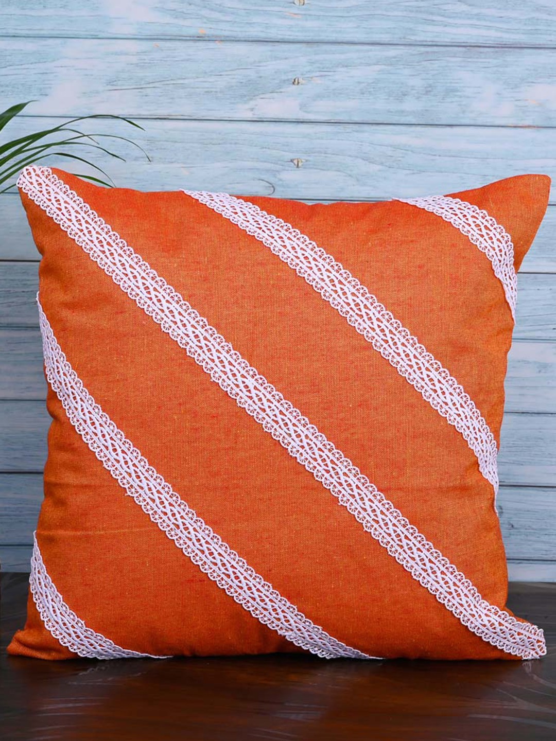 

OUSSUM Orange & White 5 Pieces Diagonal Lace Cotton Square Cushion Covers