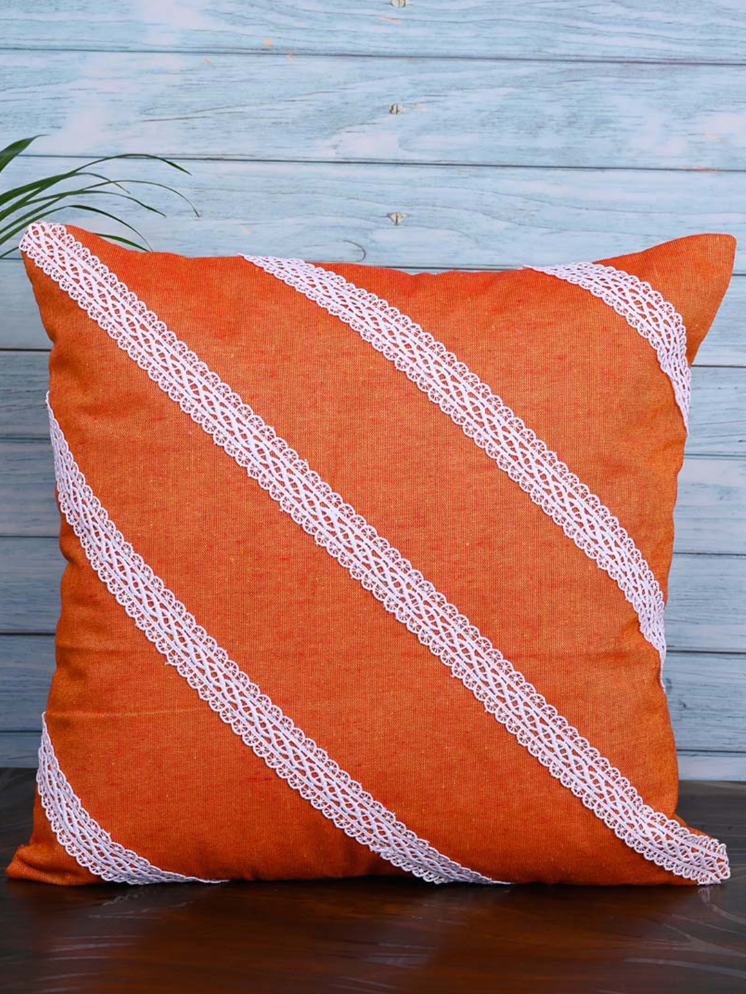 

OUSSUM Orange & White 5 Pieces Diagonal Lace Cotton Square Cushion Covers