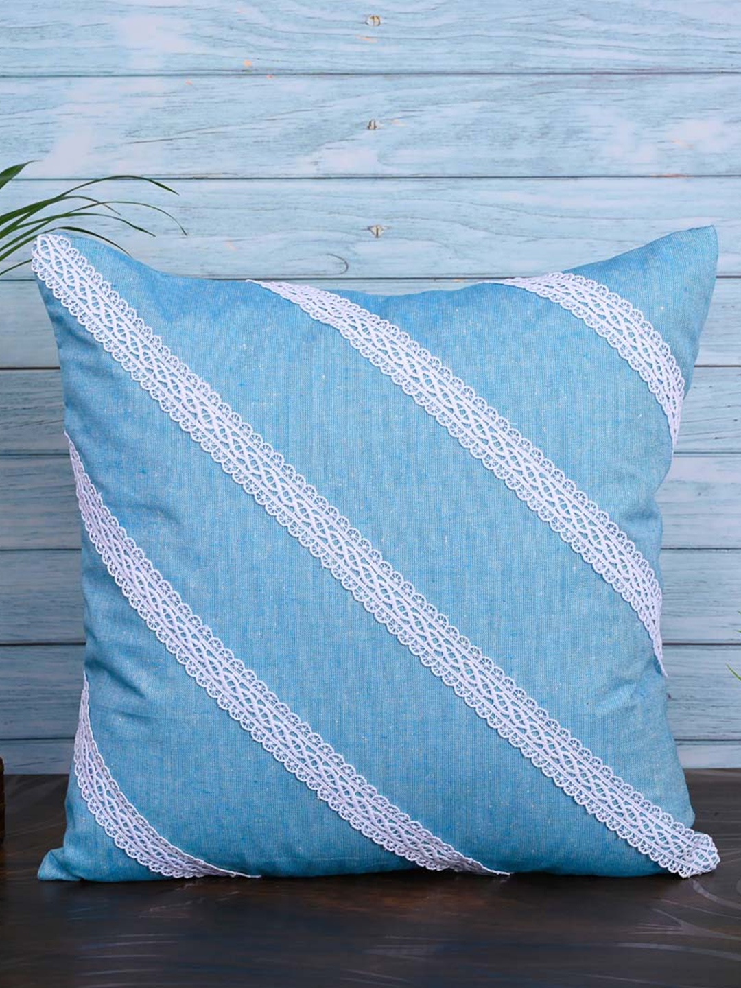 

OUSSUM Blue & White 5 Pieces Diagonal Lace Cotton Square Cushion Covers