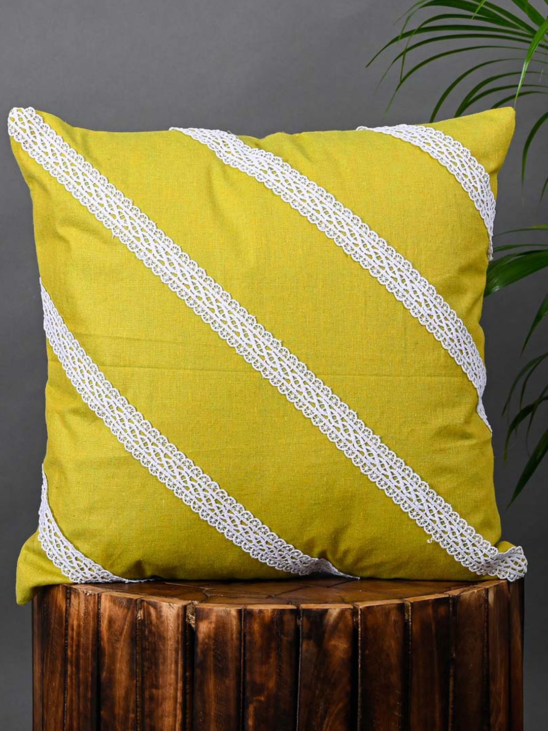 

OUSSUM Yellow & White 5 Pieces Diagonal Lace Cotton Square Cushion Covers