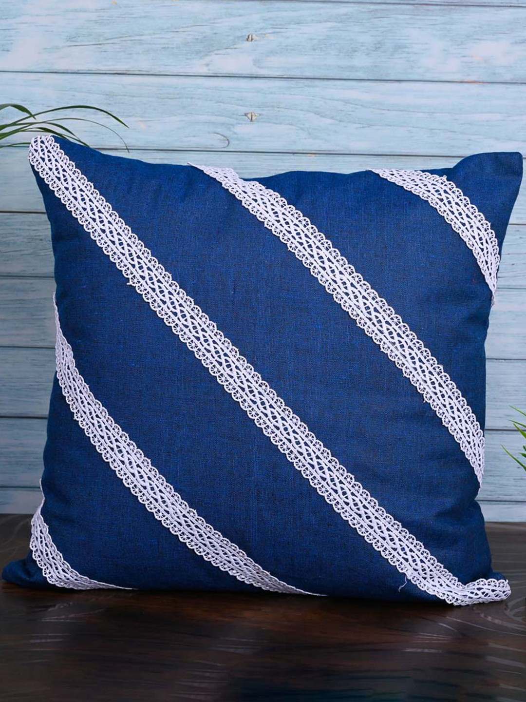 

OUSSUM Blue & White 5 Pieces Diagonal Lace Cotton Square Cushion Covers