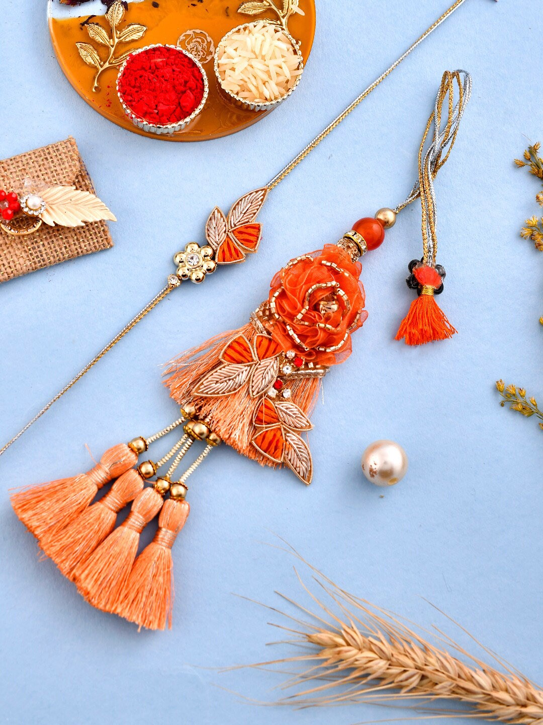 

Aapno Rajasthan Unisex Beautiful Zardosi Work Bhaiya Bhabhi Rakhi Gift Set, Orange