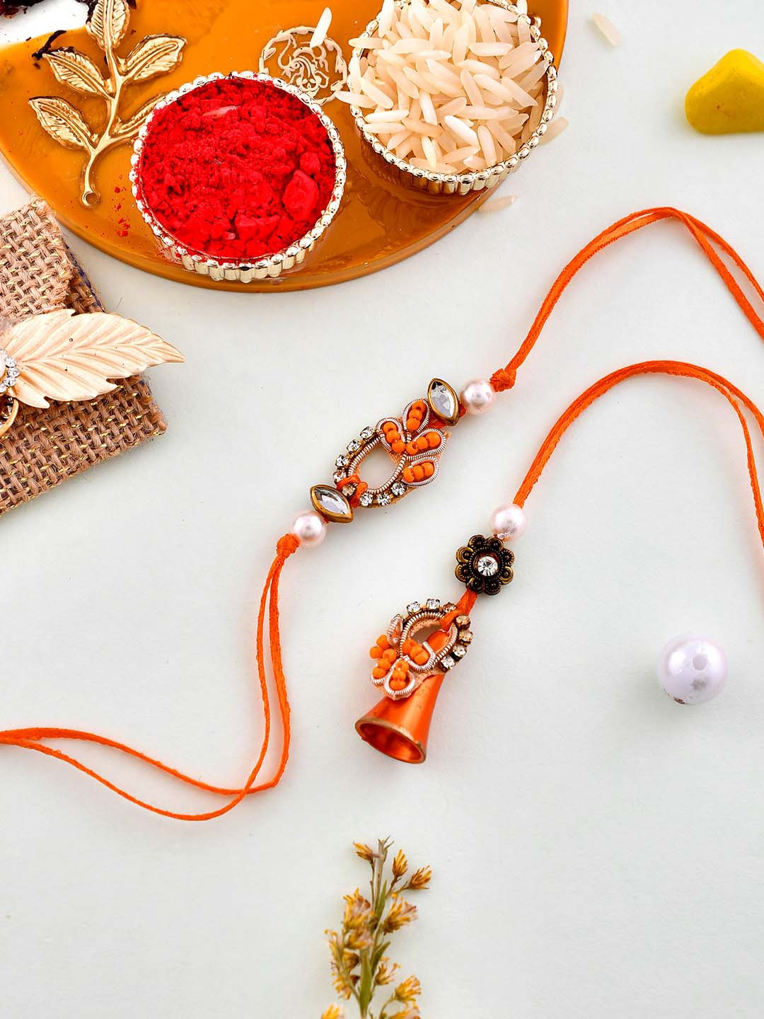 

Aapno Rajasthan Unisex Set Of 4 Zardosi Work Beaded Bhaiya Bhabhi Rakhi Gift Set, Orange