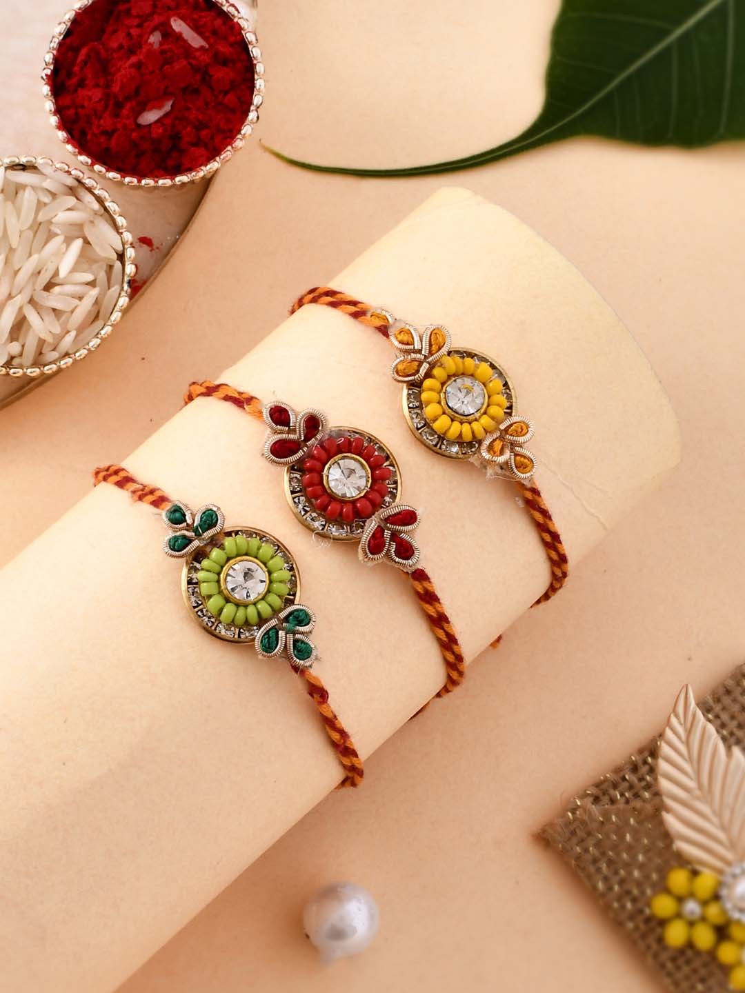 

Aapno Rajasthan Unisex Set Of 3 Handcrafted Mauli Rakhi, Red