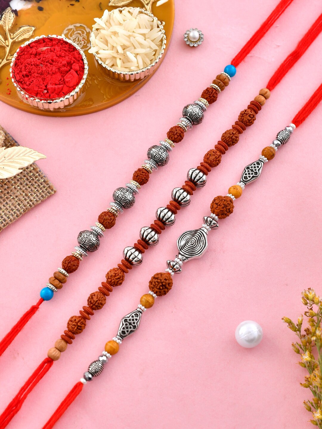 

Aapno Rajasthan Men Set Of 3 Silver Plated Beaded Thread Rakhis