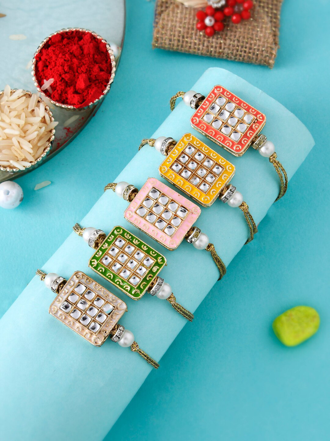 

Aapno Rajasthan Men Set Of 5 Stone Studded & Beaded Thread Rakhis, Green
