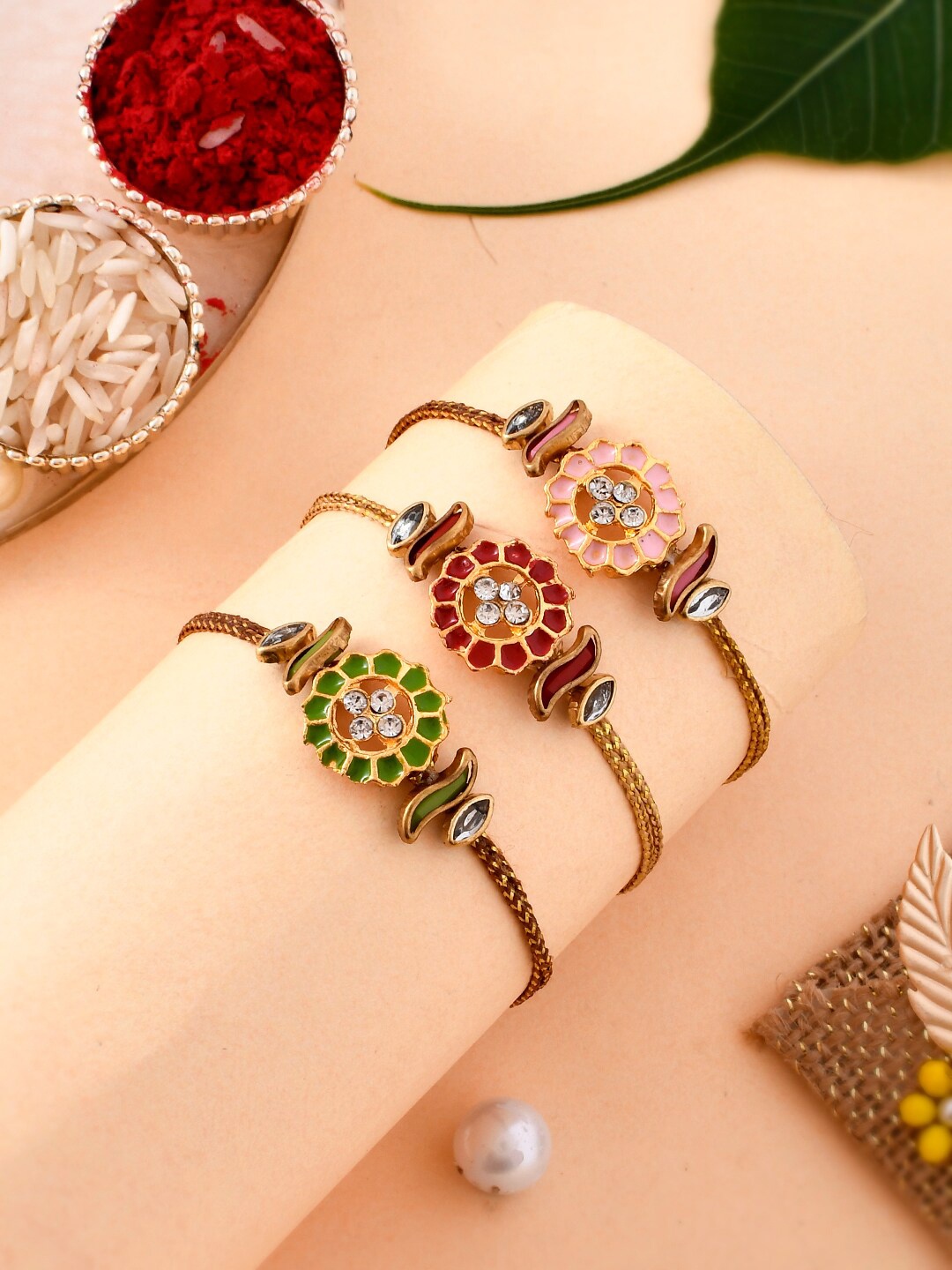 

Aapno Rajasthan Men Set Of 3 Stone Embellished Bhaiya Rakhi, Green