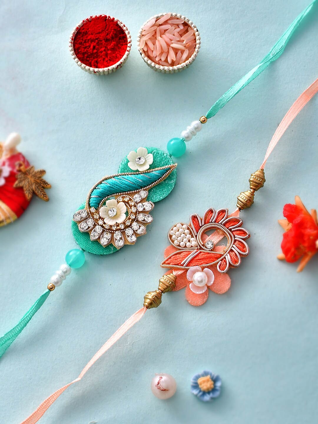 Aapno Rajasthan Unisex Set Of 2 Patchwork & Floral Crafted Resham Rakhi, Blue