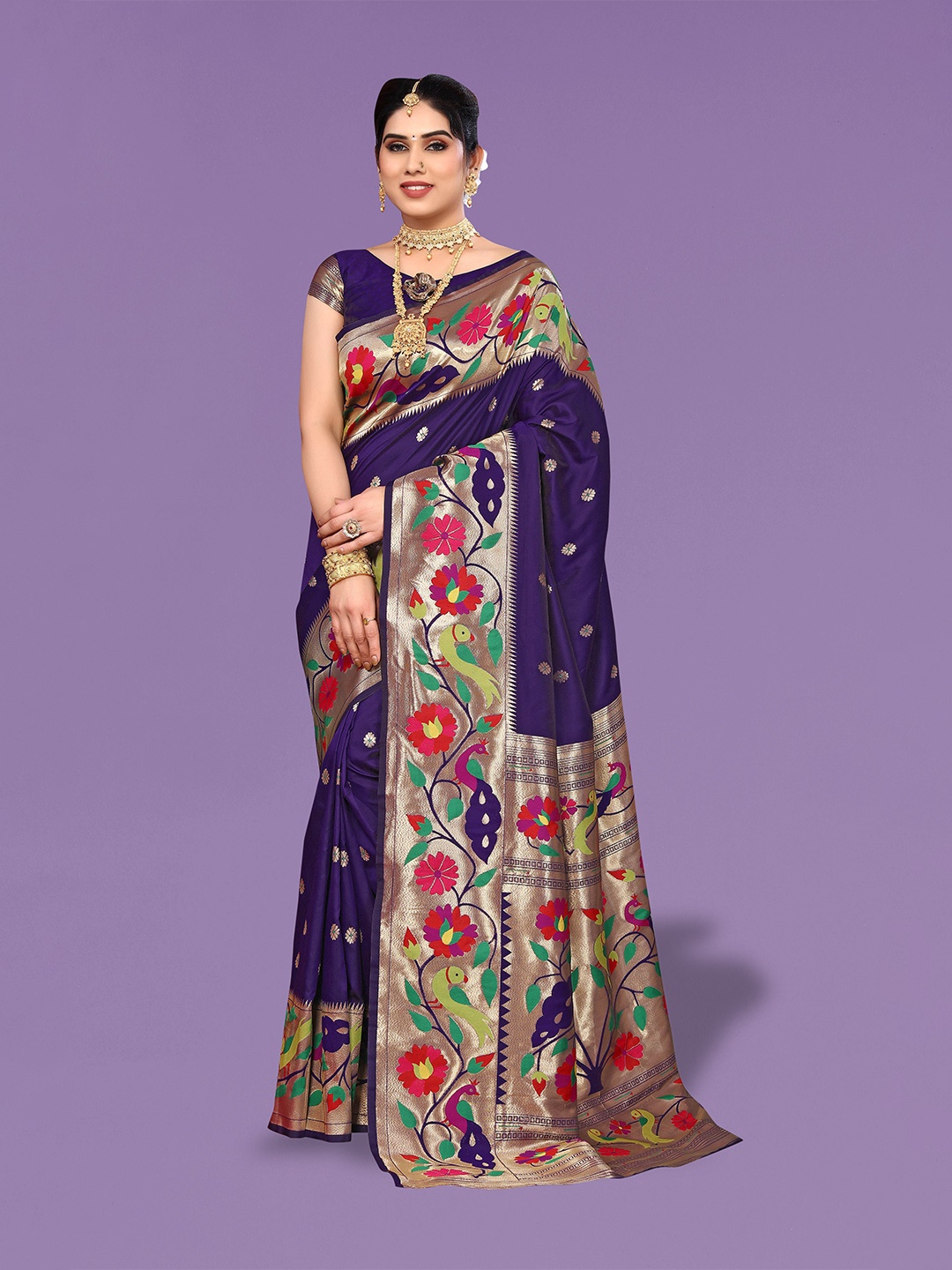 

Ekta Textiles Ethnic Motif Woven Design Zari Pure Silk Banarasi Saree, Navy blue