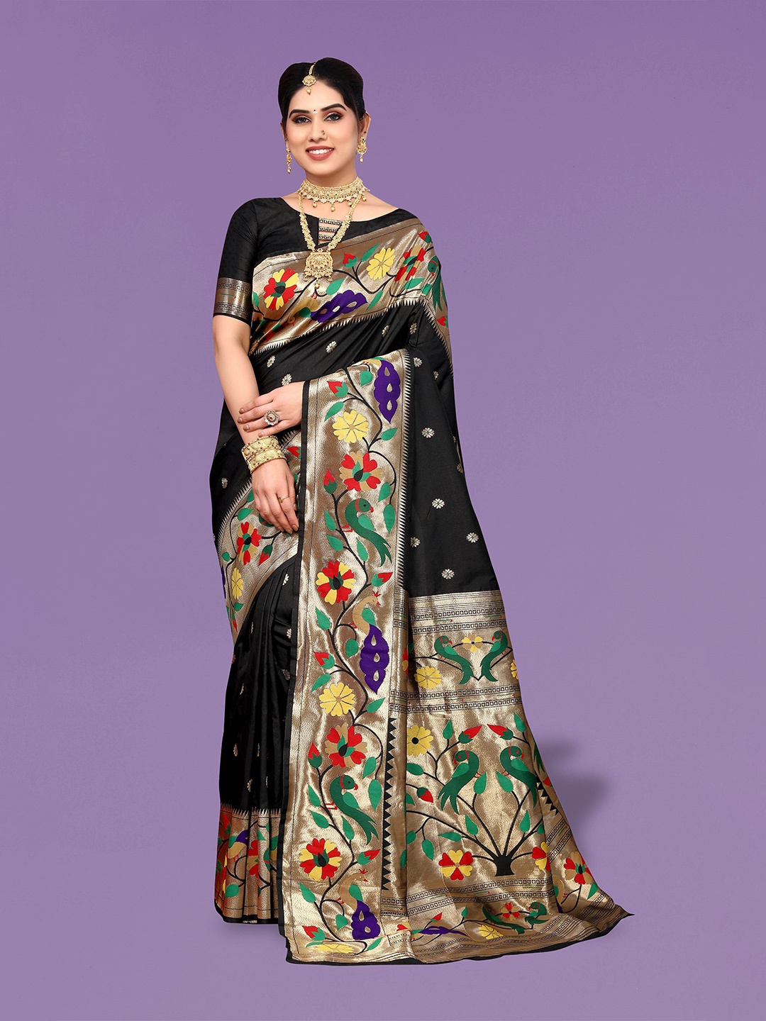 

Ekta Textiles Ethnic Motifs Woven Design Zari Pure Silk Banarasi Saree, Black