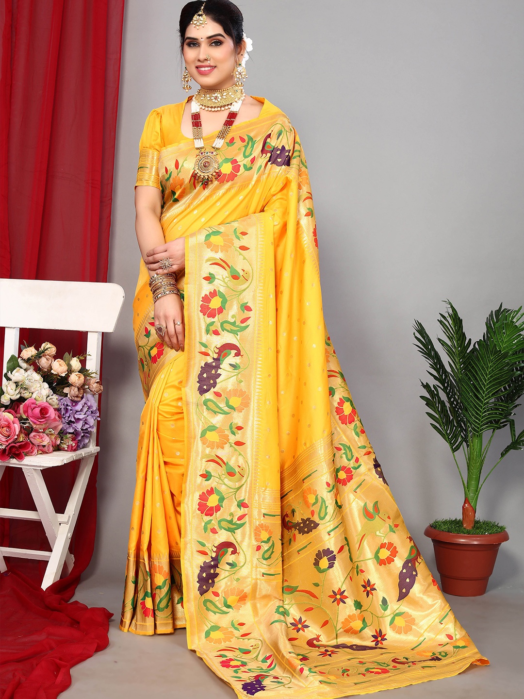 

Ekta Textiles Ethnic Motifs Woven Design Zari Pure Silk Banarasi Saree, Yellow