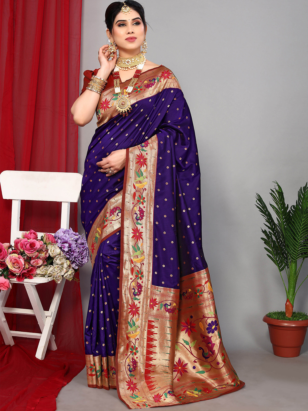 

Ekta Textiles Ethnic Motifs Woven Design Zari Pure Silk Banarasi Saree, Blue