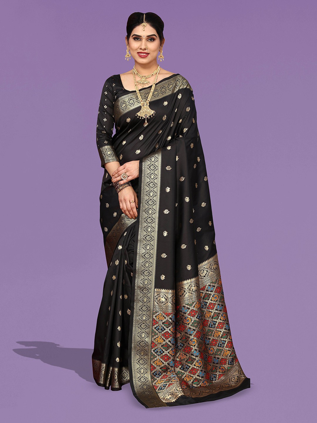 

Ekta Textiles Ethnic Motifs Woven Design Zari Pure Silk Banarasi Saree, Black